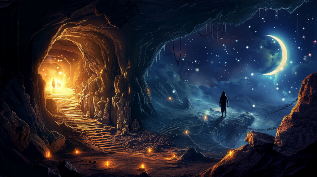 A person emerging from a dark, shadowy cave into a bright, starry night with a crescent moon.